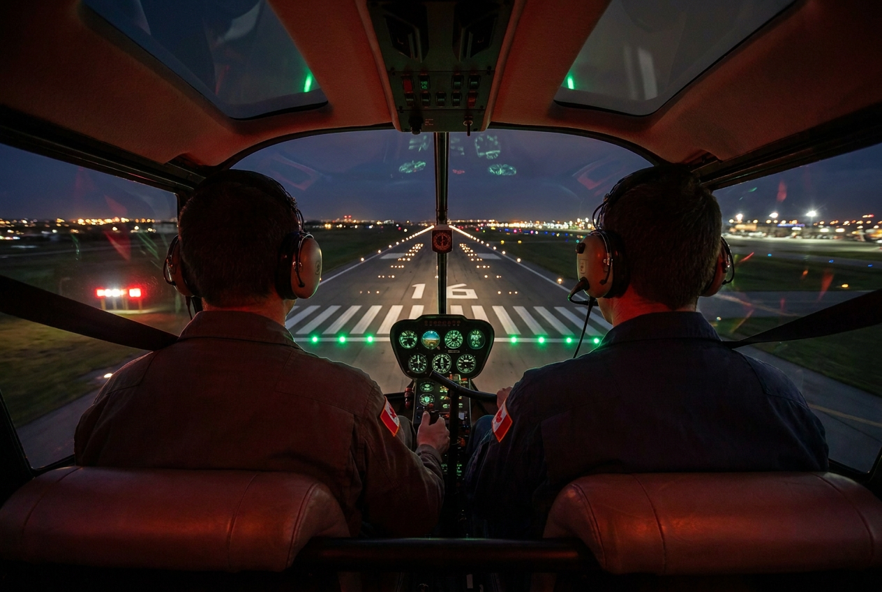 Night approach to a lit runway from a helicopter cockpit with instructor and student