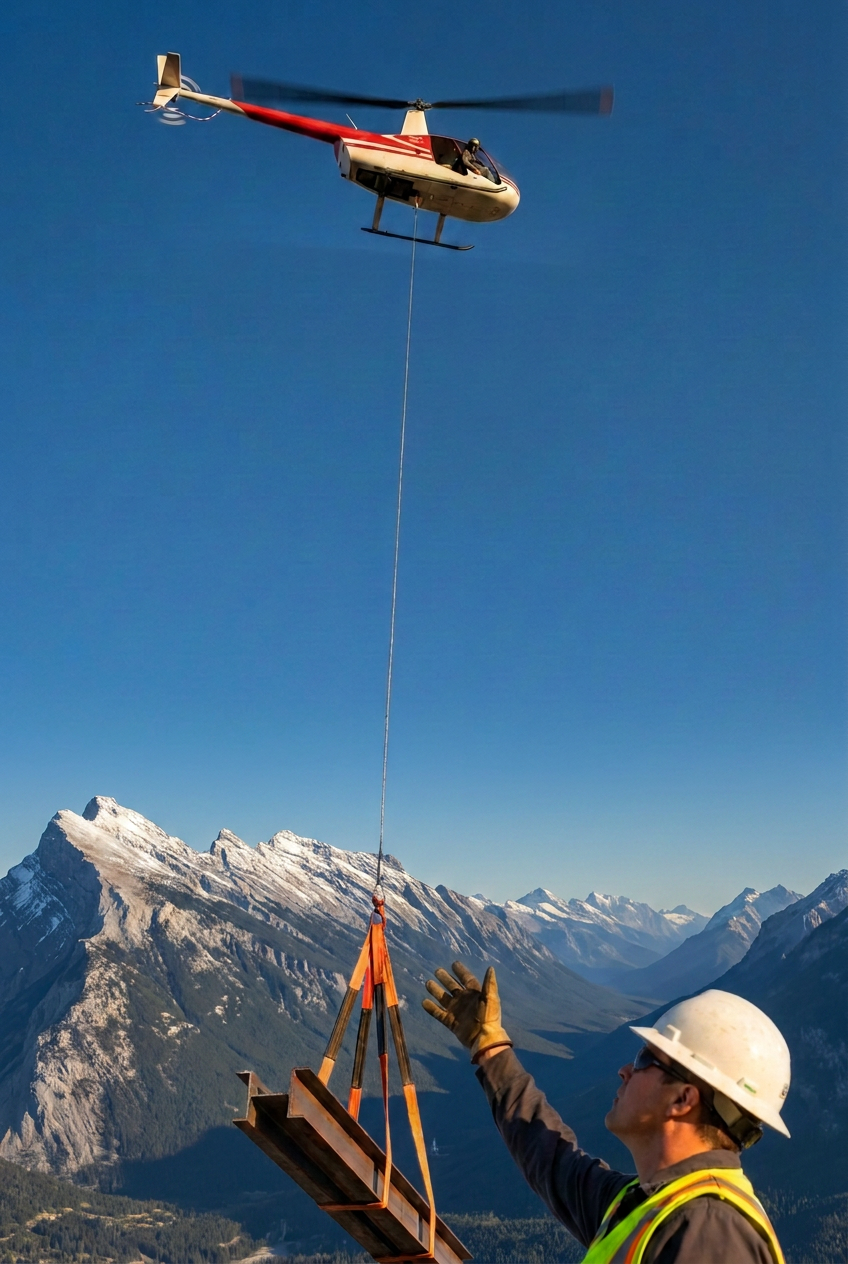 Ground crew guiding a long line load beneath a Robinson R44 in the Rockies