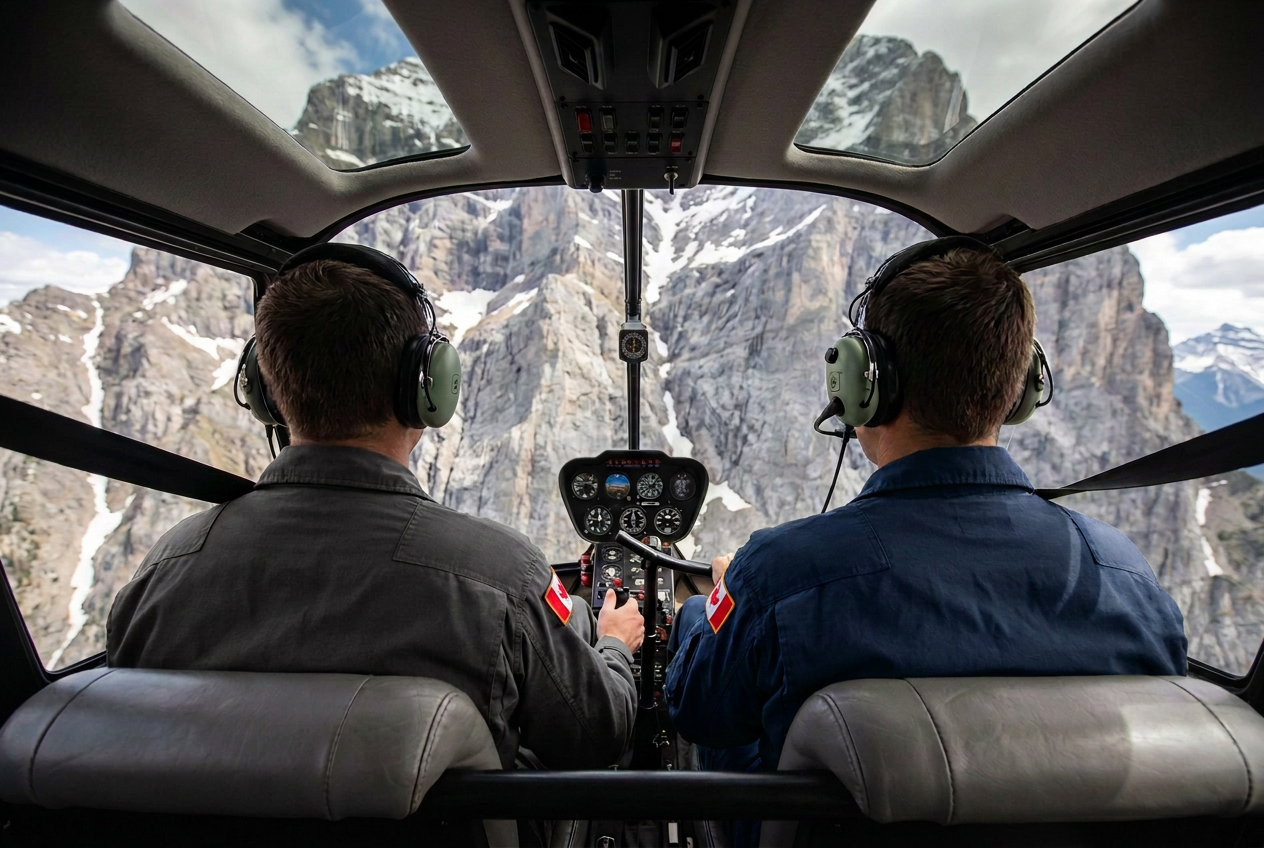 View from the R44 cockpit of instructor and student flying towards a mountain face